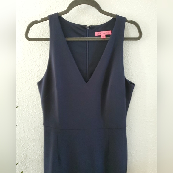 Betsey Johnson Mermaid Trumpet Dress Womens 8 Navy Blue Ruffle Hem V-Neck Sleeve - Picture 2 of 7